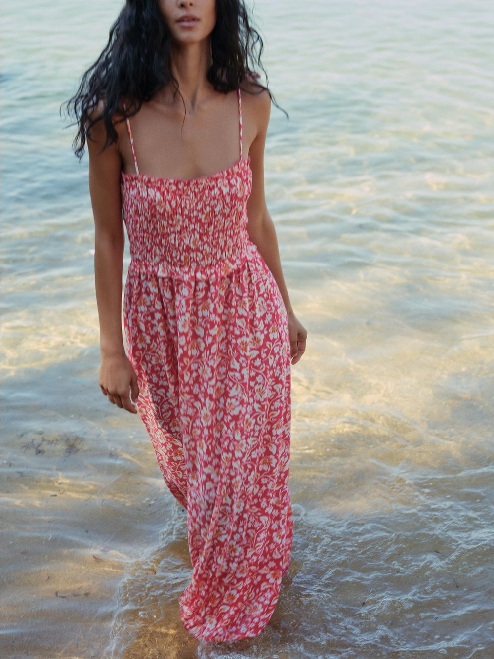 Zara Smocked Floral Maxi Sundress in Coral Pink